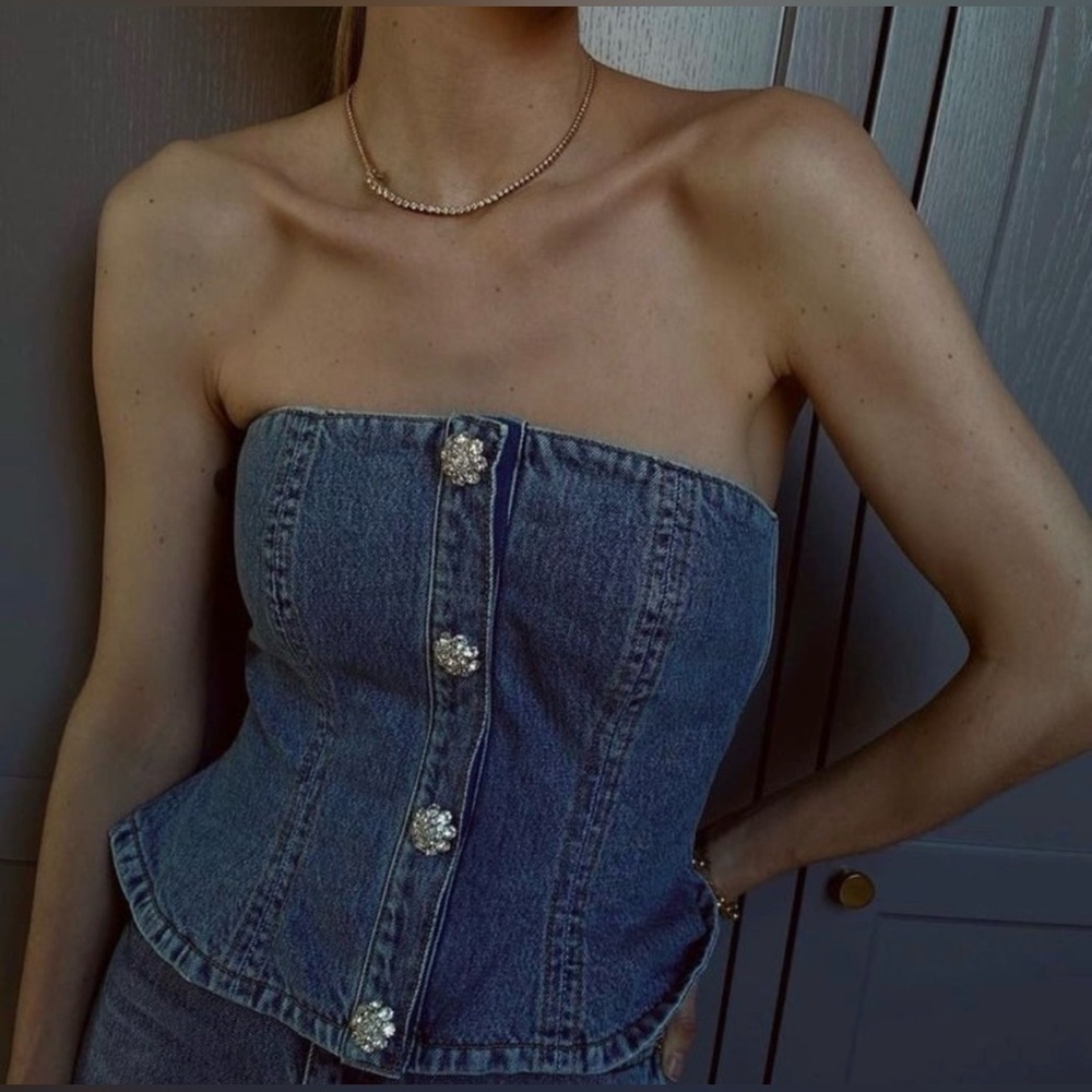 GANNI Rhinestone-Embellished Denim Bustier Blue Size 36 / US 4 Small